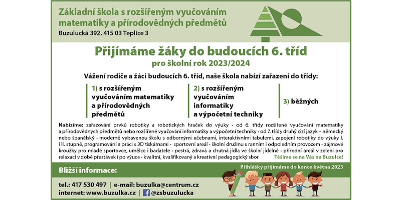 Slide - Přijímáme žáky do budoucích 6. tříd pro školní rok 2023/2024